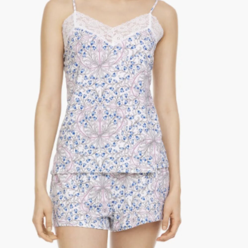 Flora Nikrooz Ava Cami Top & Short Set Jersey Knit Blue Floral Cottagecore Pj's